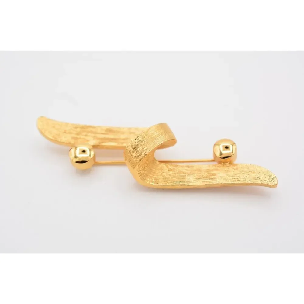 Monet Vintage Abstract Pin Brooch Brushed Gold Textured Bow Signed 1980s BinAT